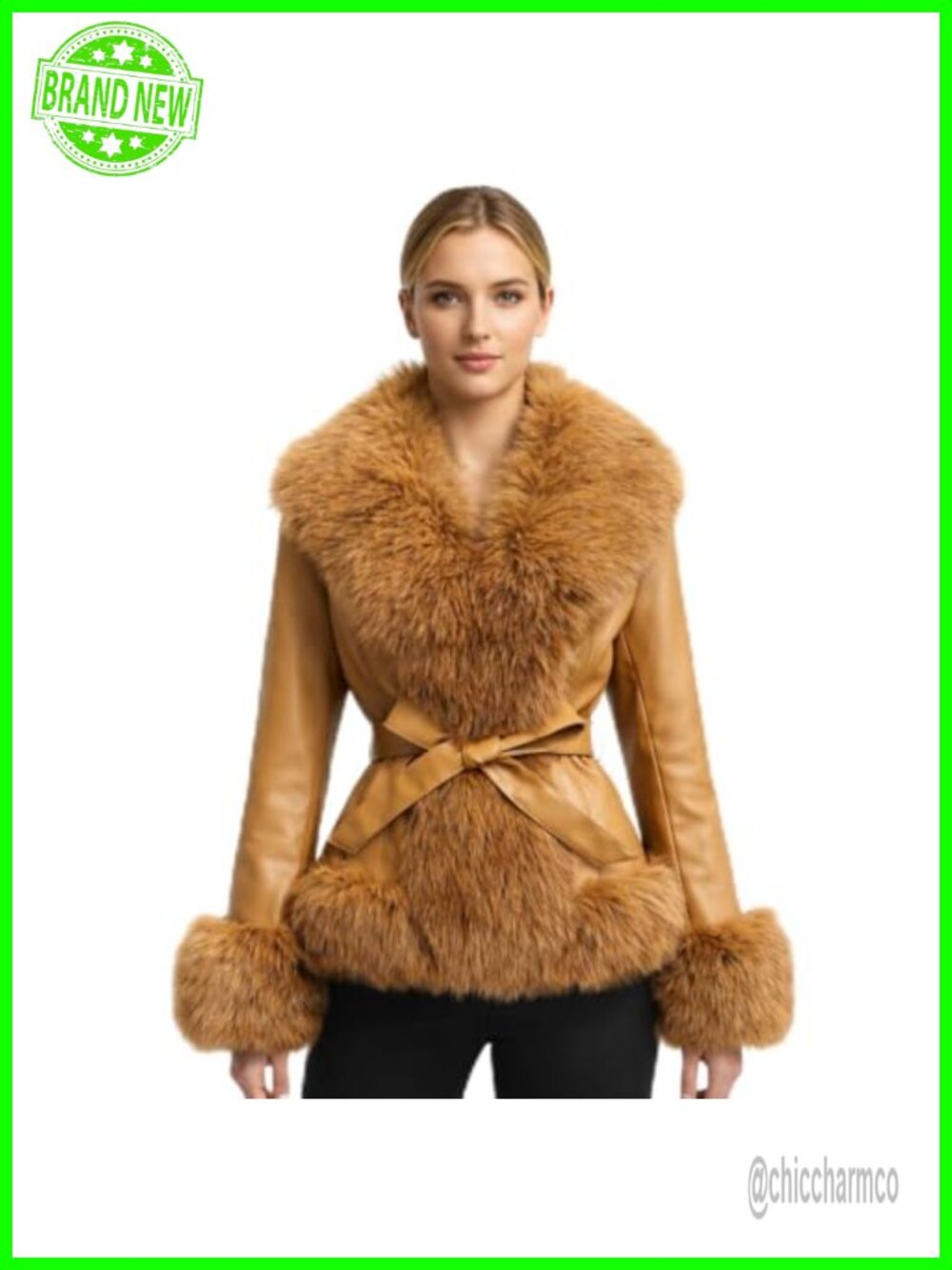 Vegan Leather Cropped Jacket Faux Fur Trim Fleece Lined Belted Winter Coat